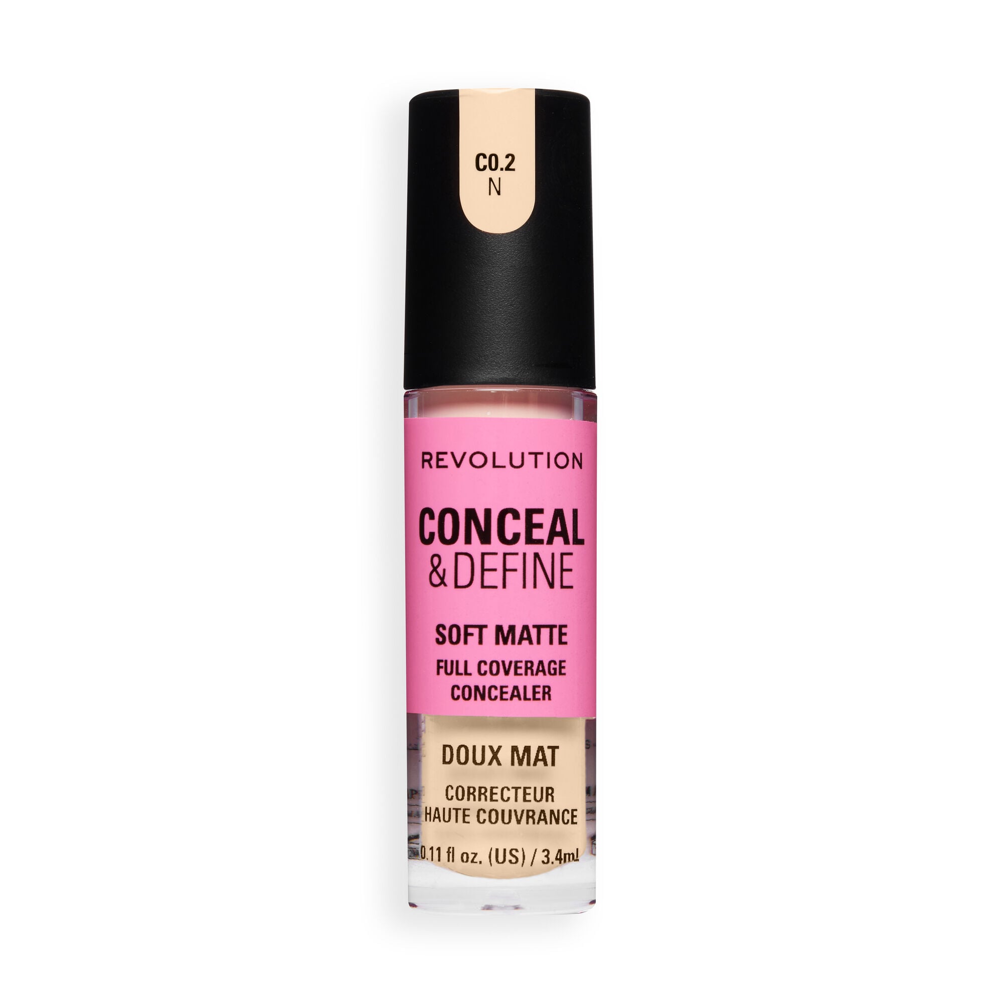 Revolution Conceal and Define Full Coverage Concealer in shade C0.2N, providing full coverage with a soft matte finish.