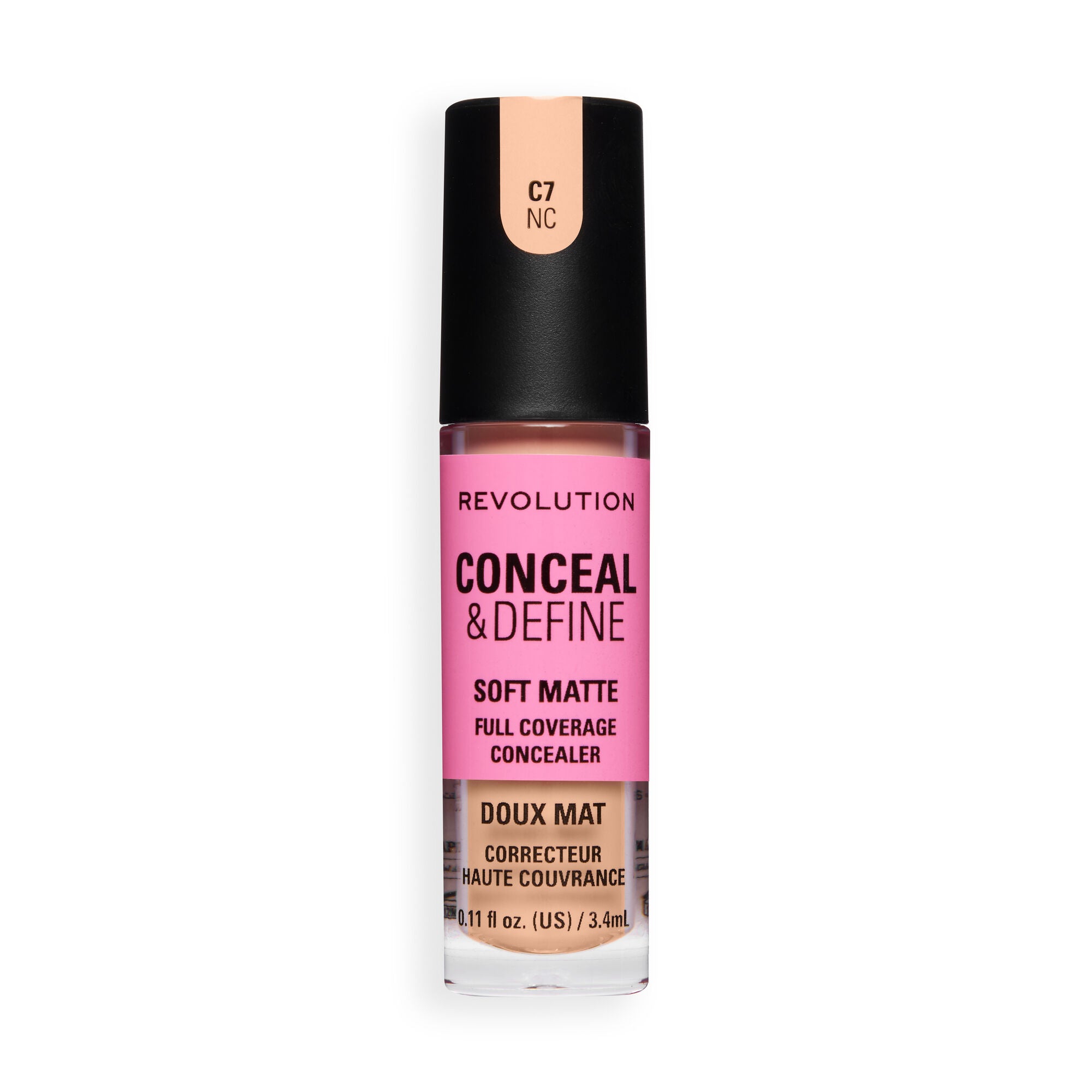 Revolution Conceal and Define Full Coverage Concealer in C7NC with soft matte finish for flawless skin.