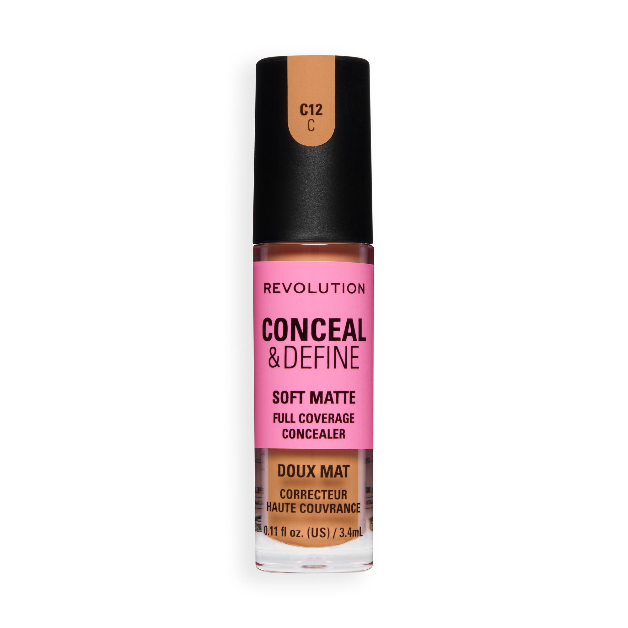Revolution Conceal and Define Full Coverage Concealer in C12C provides soft matte finish and full coverage for skin imperfections.