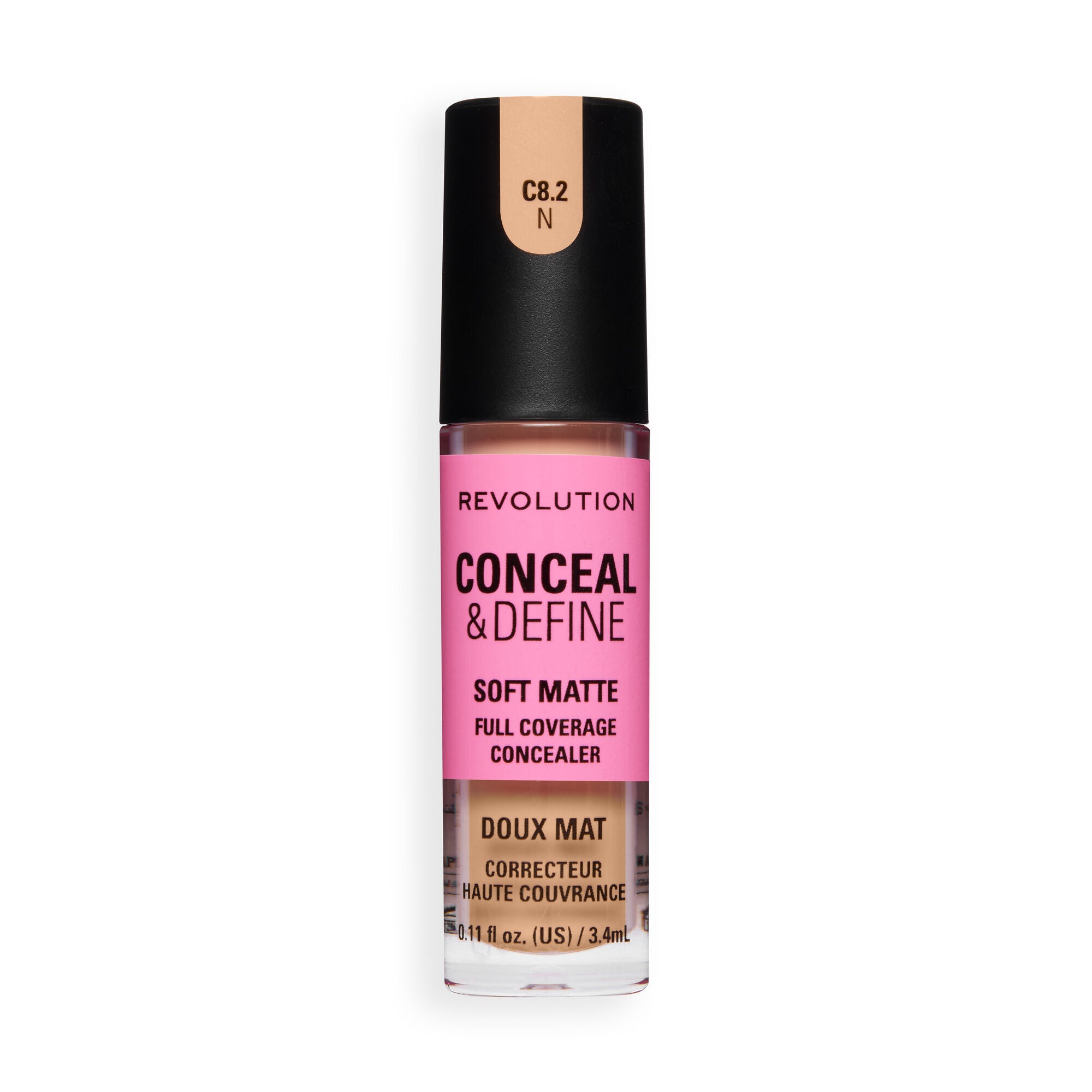 Revolution Conceal and Define Full Coverage Concealer in shade C8.2N with soft matte finish and full coverage formula.
