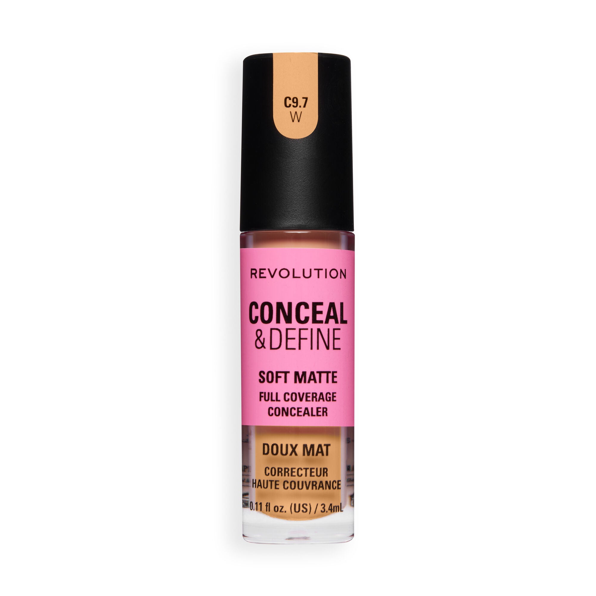 Revolution Conceal and Define Full Coverage Concealer in shade C9.7W, featuring soft matte finish and full coverage formula.