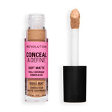 Revolution Conceal and Define Full Coverage Concealer bottle with applicator showcasing soft matte finish.