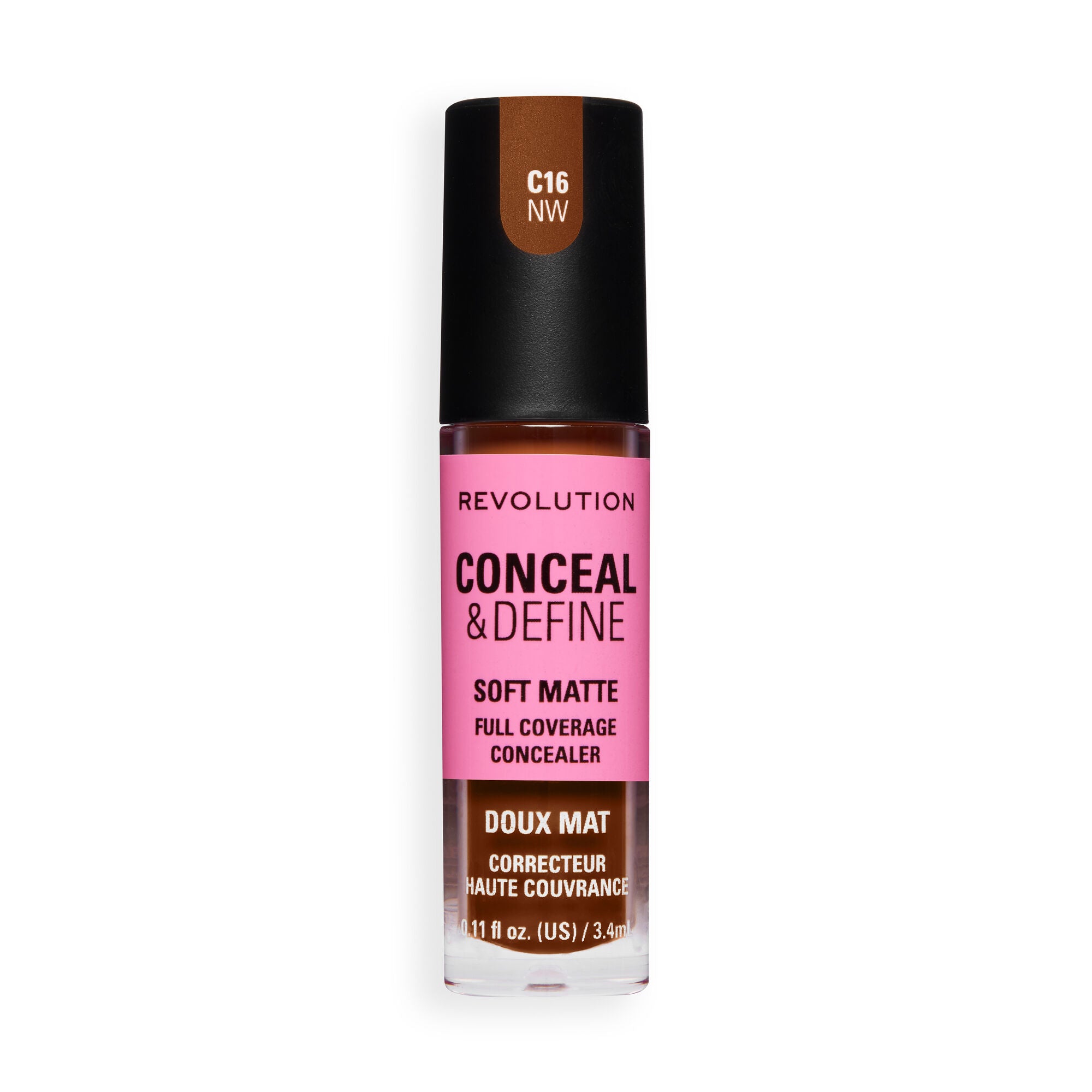 Revolution Conceal and Define Full Coverage Concealer in shade C16NW, offering soft matte finish and full coverage.