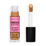 Revolution Conceal and Define Full Coverage Concealer in a clear tube with a soft applicator wand, showcasing its soft matte finish.