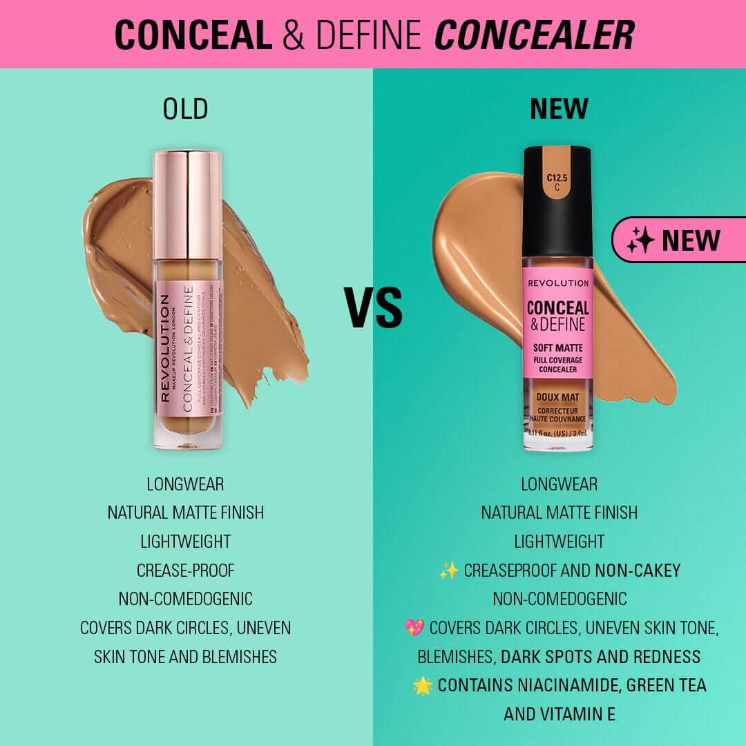 Revolution Conceal and Define Full Coverage Concealer comparison image featuring old vs new formula.