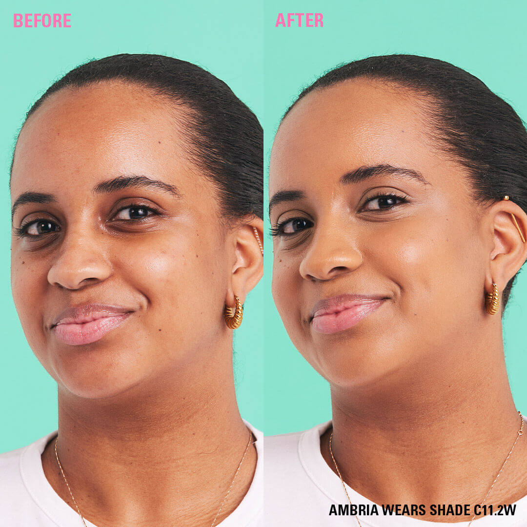 Before and after applying Revolution Conceal and Define Full Coverage Concealer, model Ambria shows flawless skin.