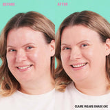 Before and after using Revolution Conceal and Define Full Coverage Concealer, showing enhanced skin tone and coverage.