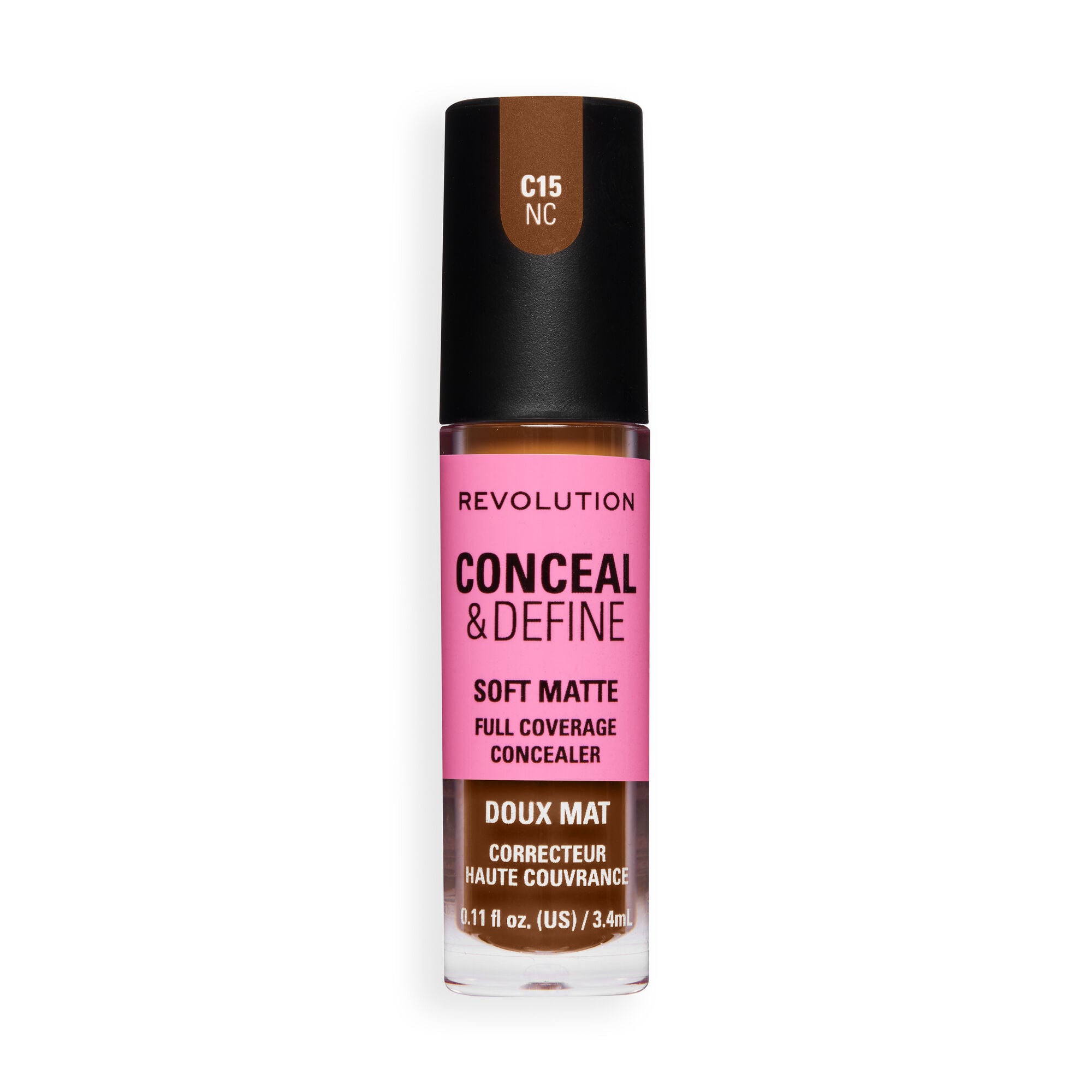 Revolution Conceal and Define Full Coverage Concealer in shade C15NC, delivering full matte coverage and brightening skin.