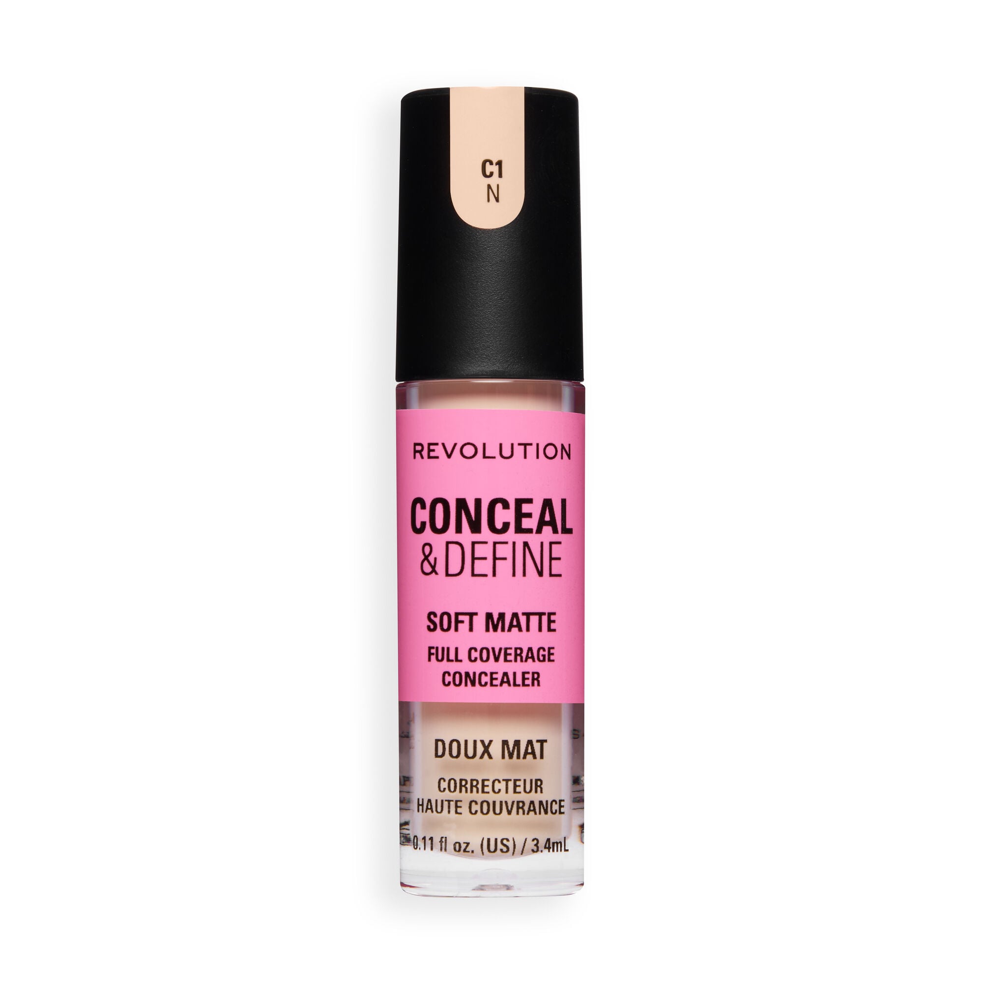 Revolution Conceal and Define Full Coverage Concealer in color C1N, featuring soft matte finish and packaging design.
