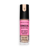 Revolution Conceal and Define Full Coverage Concealer in color C1N, featuring soft matte finish and packaging design.