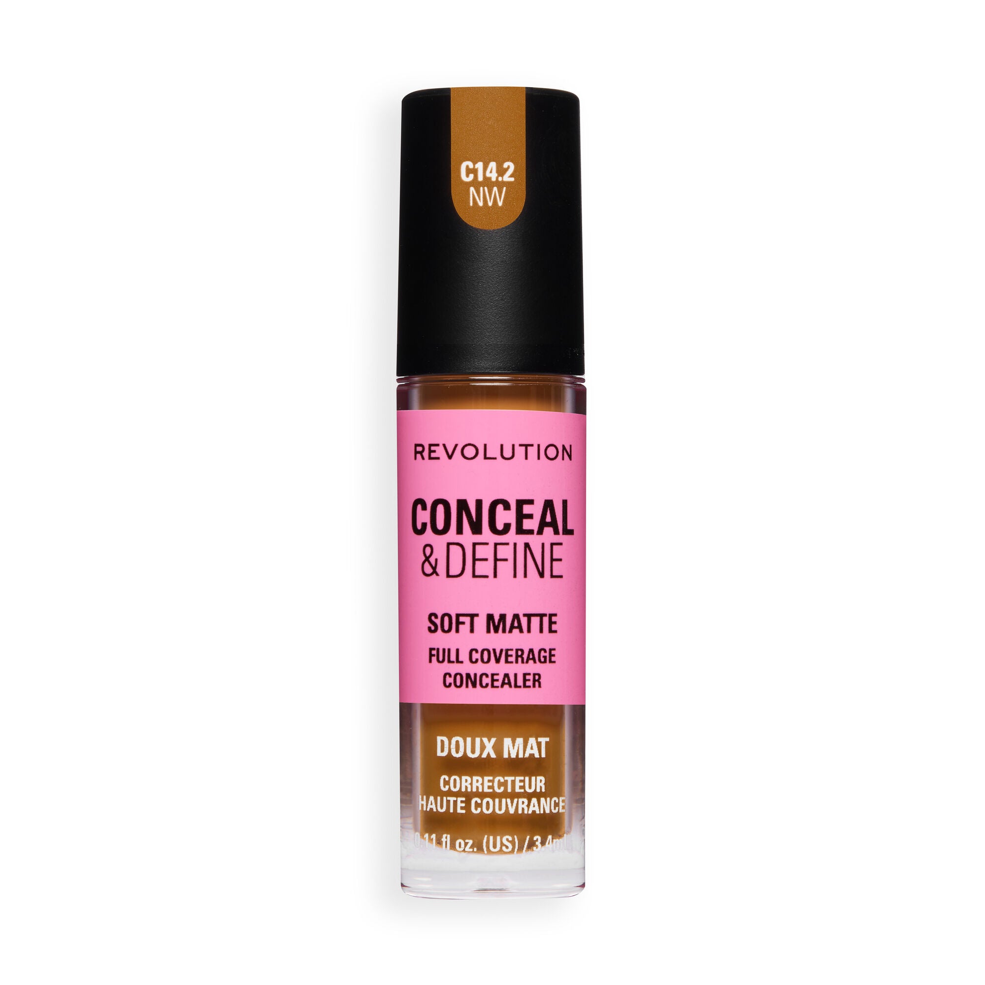 Revolution Conceal and Define Full Coverage Concealer in C14.2NW, soft matte finish, ideal for concealing imperfections.