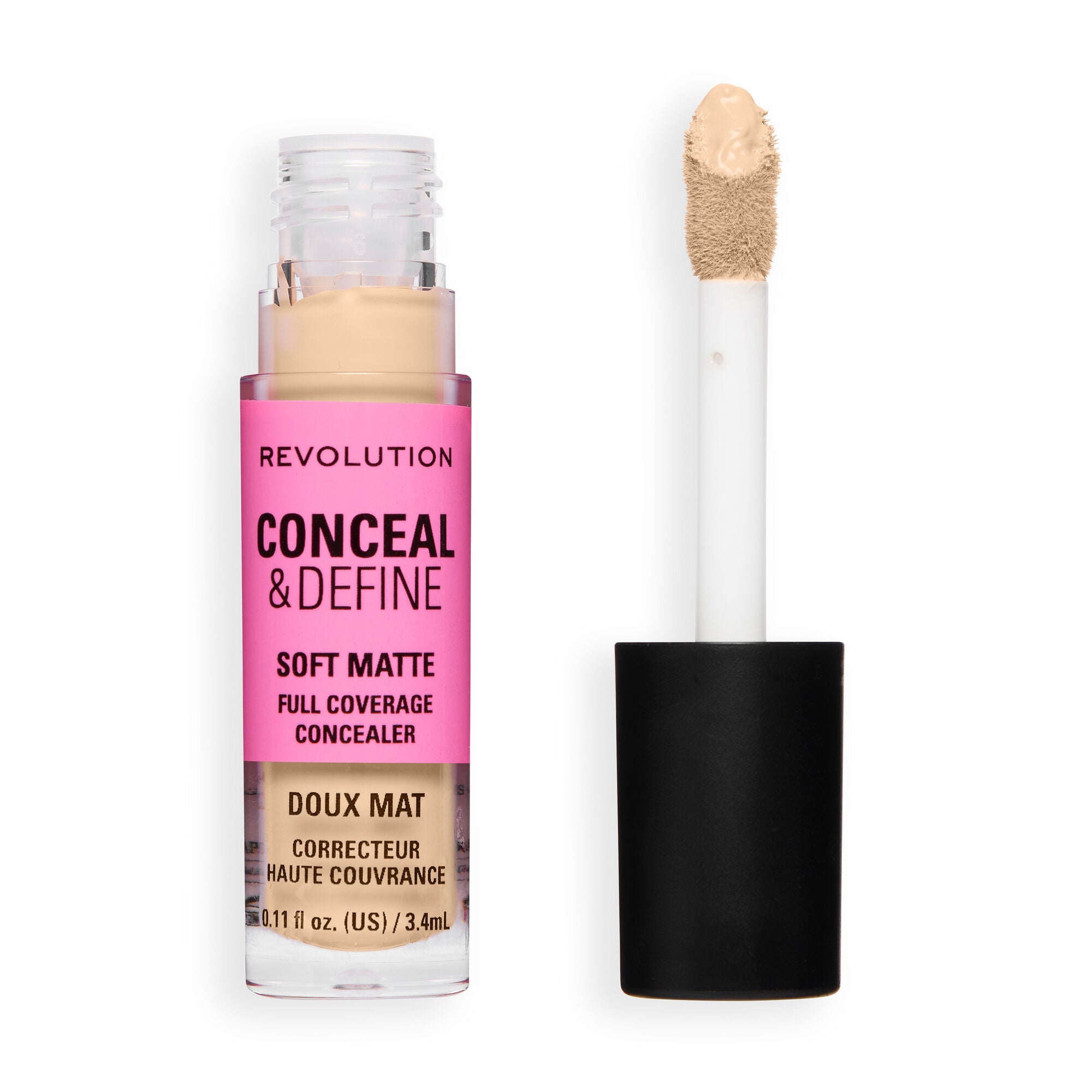 Revolution Conceal and Define Full Coverage Concealer in a soft matte finish packaging with applicator.
