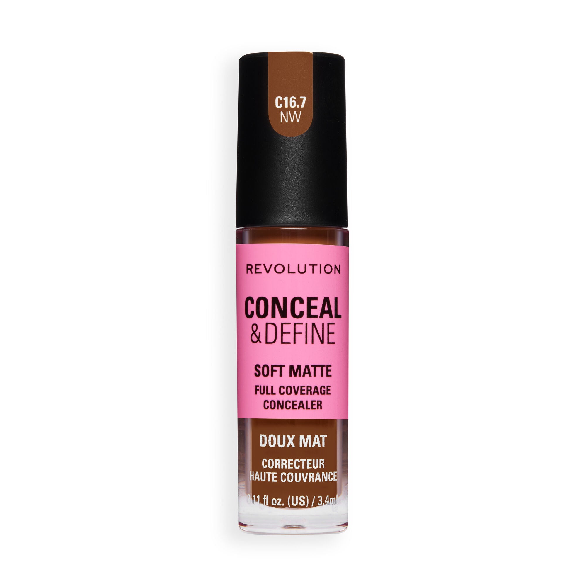 Revolution Conceal and Define Full Coverage Concealer in shade C16.7NW with a soft matte finish