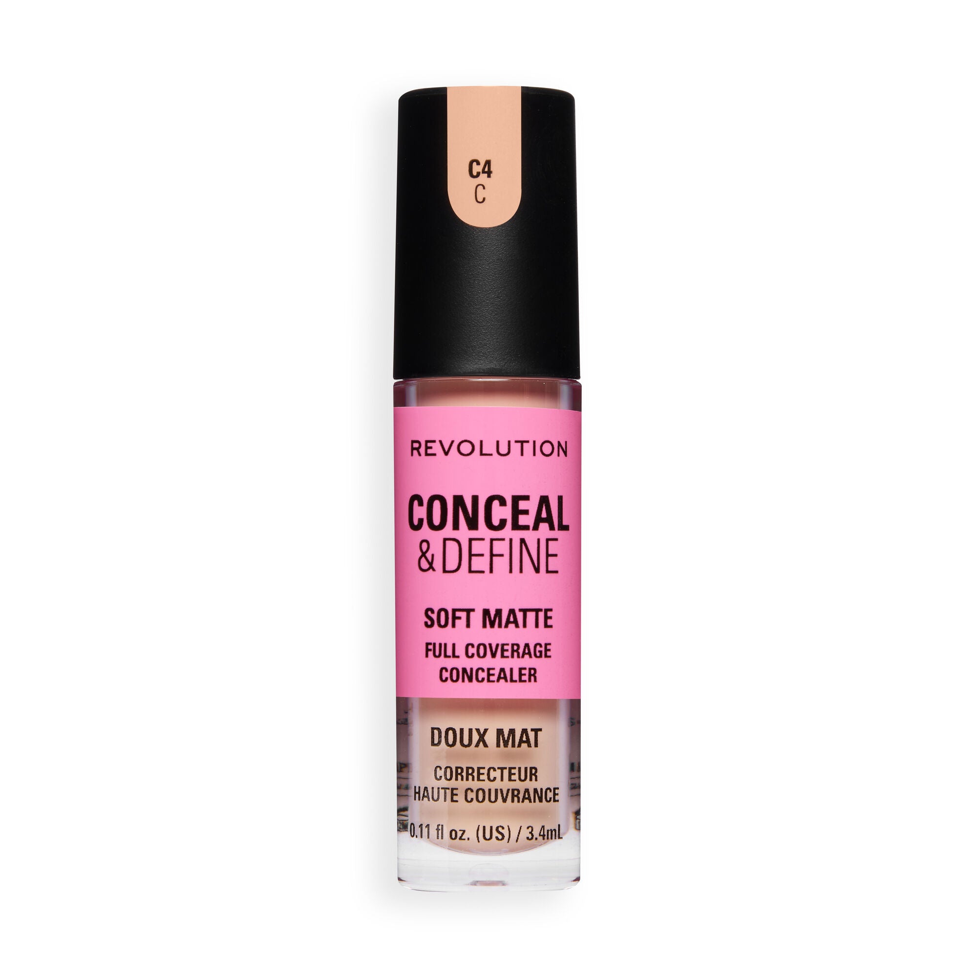 Revolution Conceal and Define Full Coverage Concealer in shade C4C, featuring a soft matte finish for flawless skin.