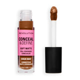 Revolution Conceal and Define Full Coverage Concealer bottle with applicator, showcasing soft matte finish and rich shade.