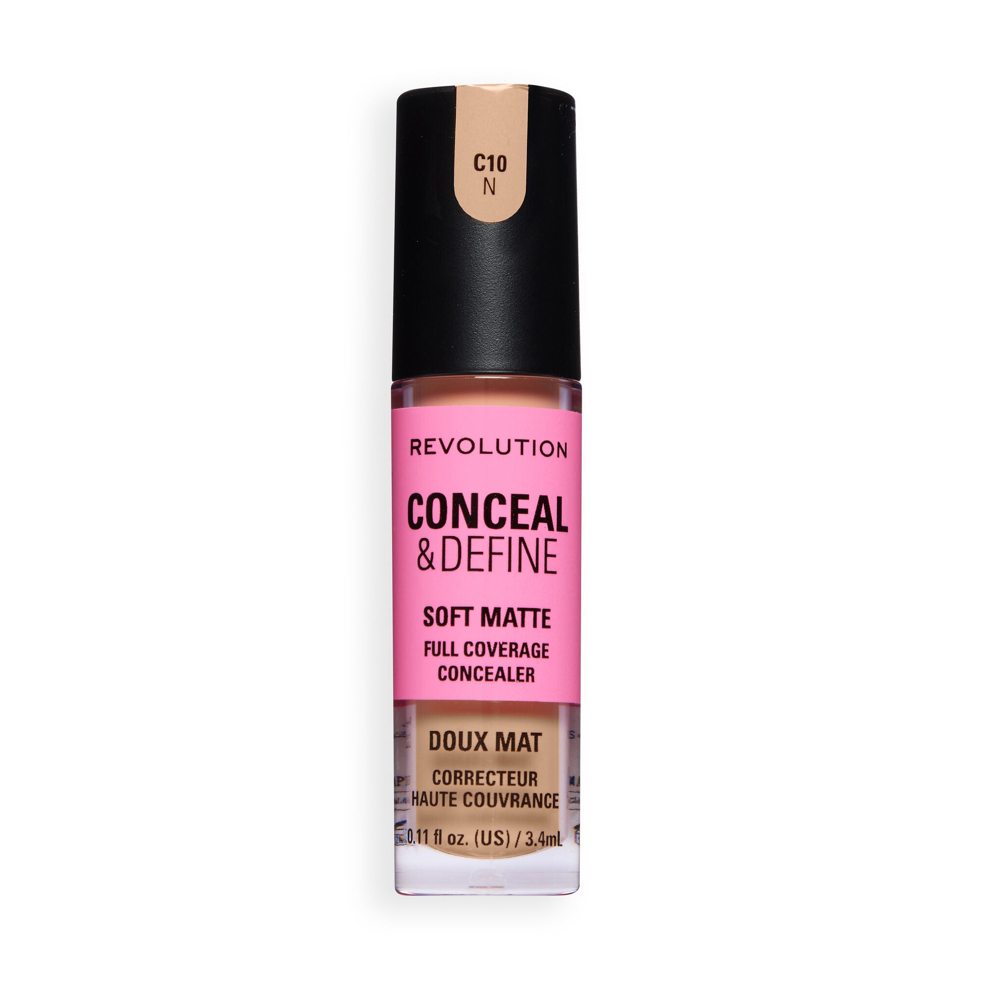 Revolution Conceal and Define Full Coverage Concealer in C10.9W showcasing soft matte finish for perfect skin.