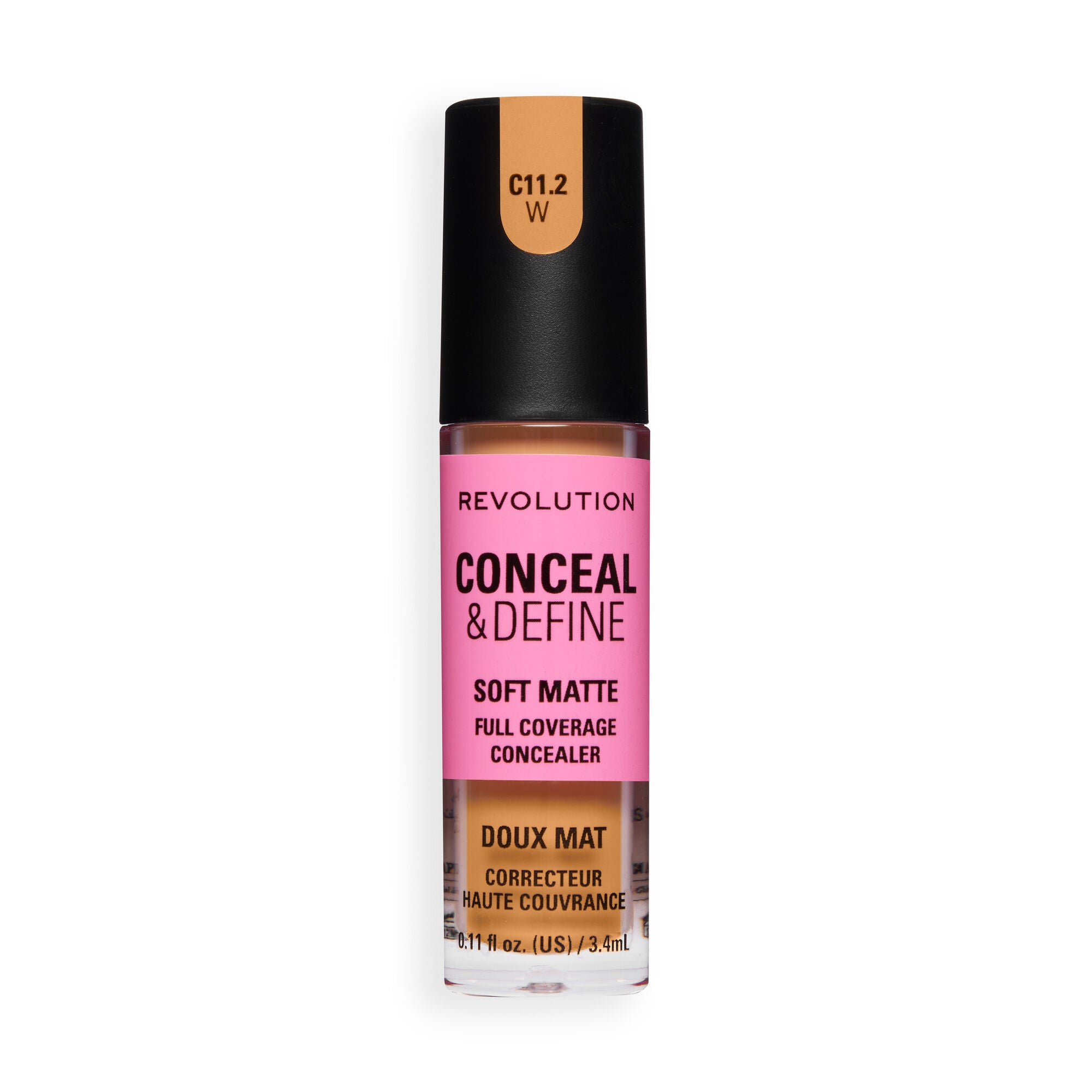 Revolution Conceal and Define Full Coverage Concealer in shade C11.2W showcasing soft matte formula for seamless coverage.