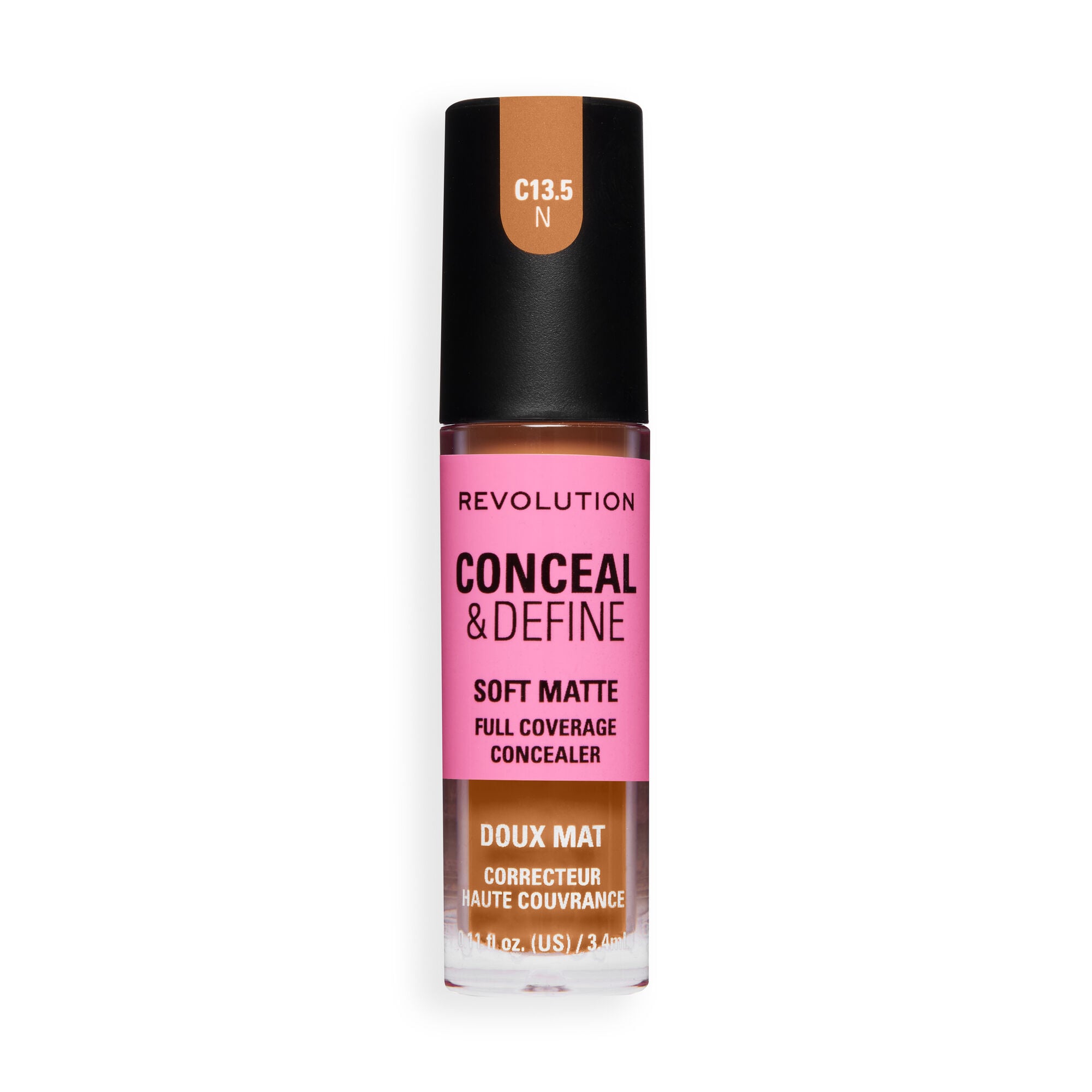 Revolution Conceal and Define Full Coverage Concealer in shade C13.5N, featuring soft matte finish for perfect coverage.
