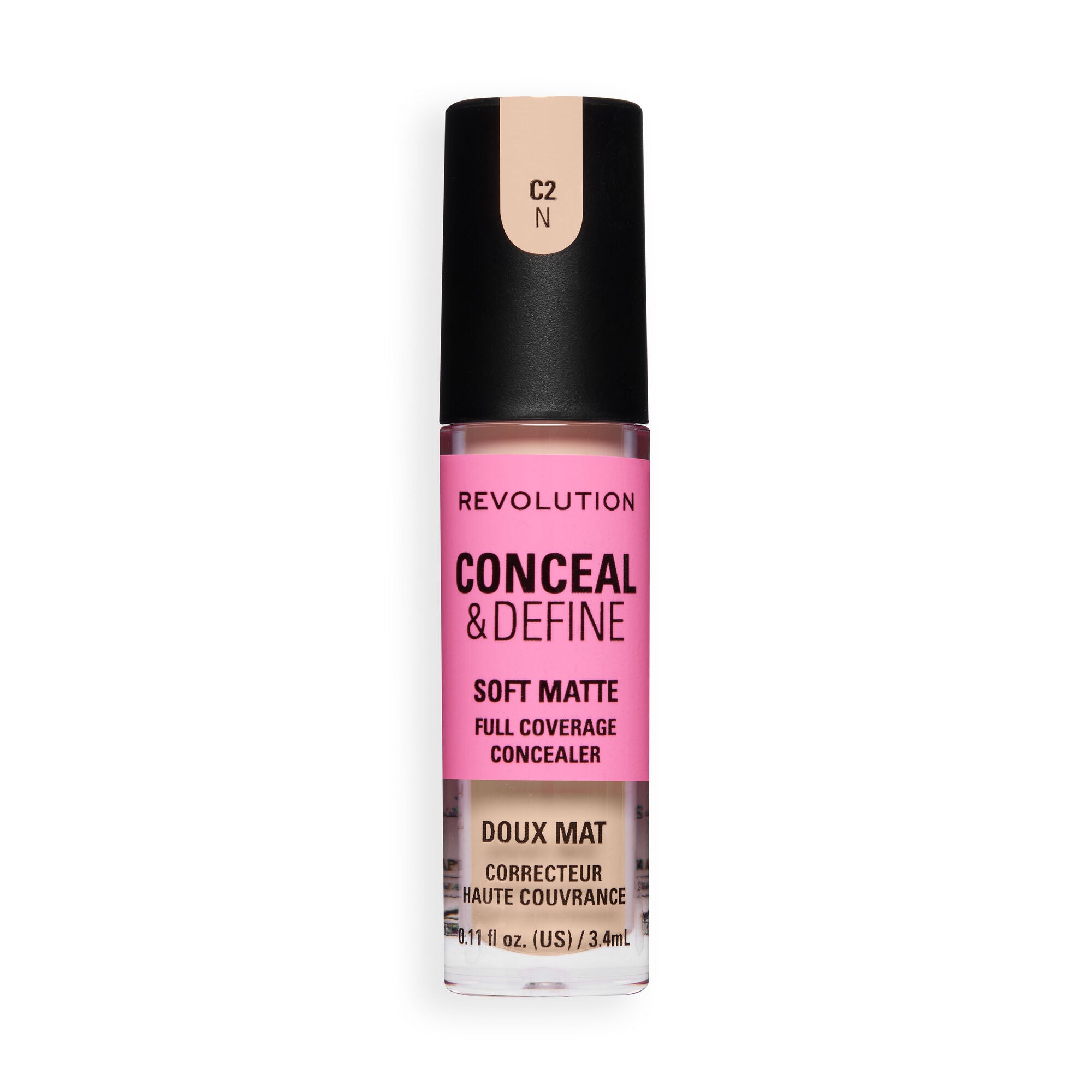 Revolution Conceal and Define Full Coverage Concealer in C2N, soft matte finish, perfect for brightening skin tone.