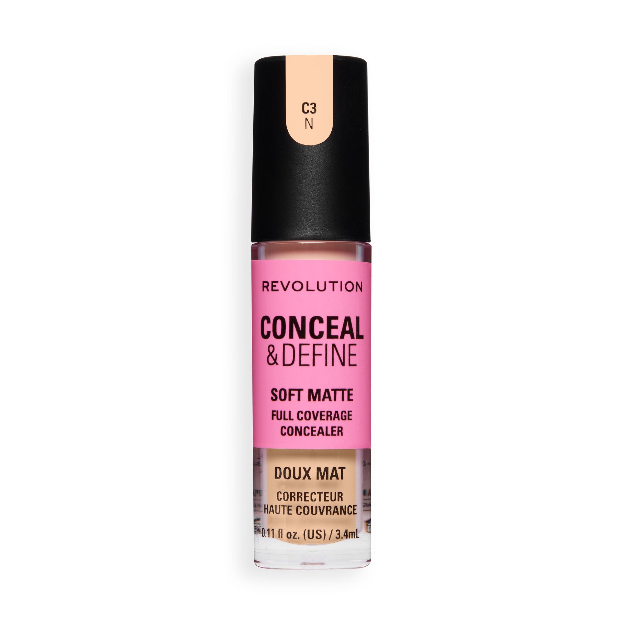 Revolution Conceal and Define Full Coverage Concealer in C3N, featuring full coverage and a soft matte finish.