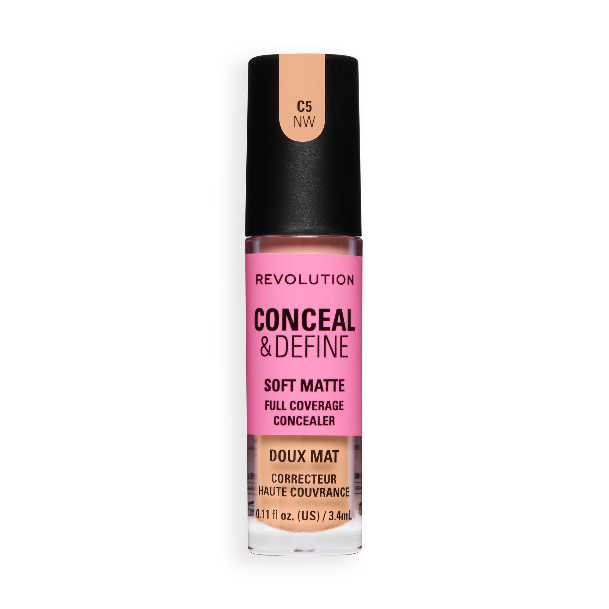 Revolution Conceal and Define Full Coverage Concealer in shade C5NW featuring a soft matte finish.