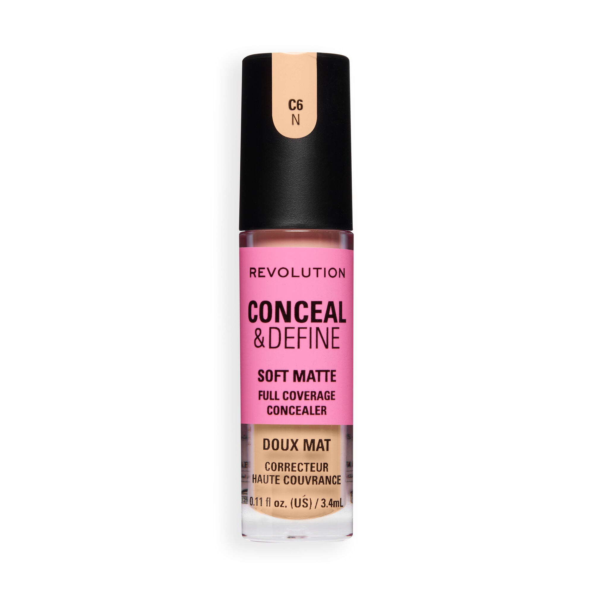 Revolution Conceal and Define Full Coverage Concealer in C6N, soft matte finish for perfecting skin complexion.