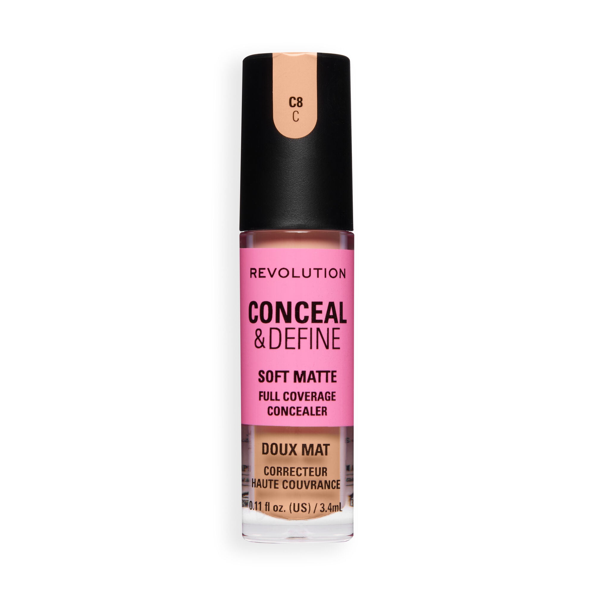 Revolution Conceal and Define Full Coverage Concealer in C8C for soft matte finish and full coverage.