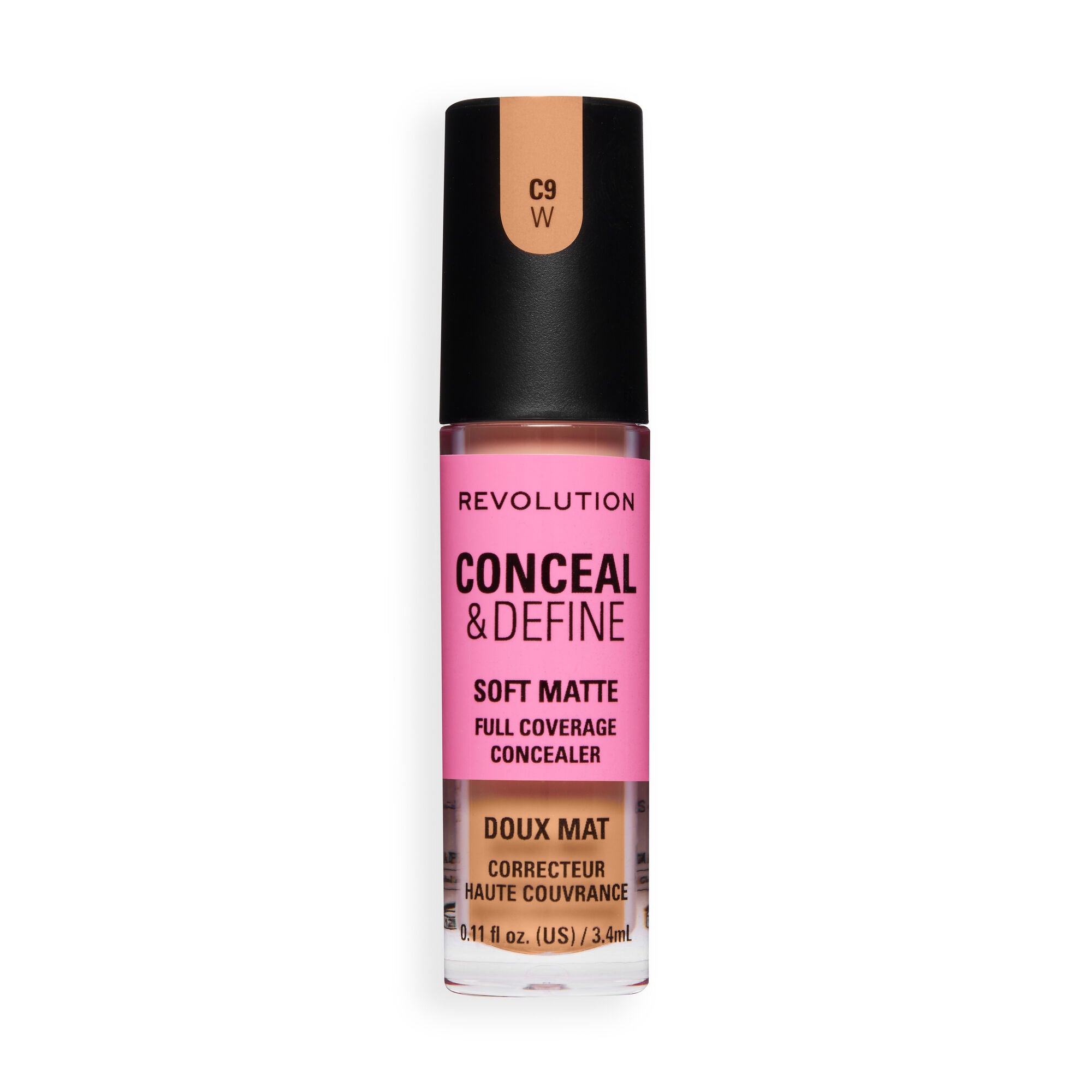 Revolution Conceal and Define Full Coverage Concealer in shade C9W with soft matte finish packaging