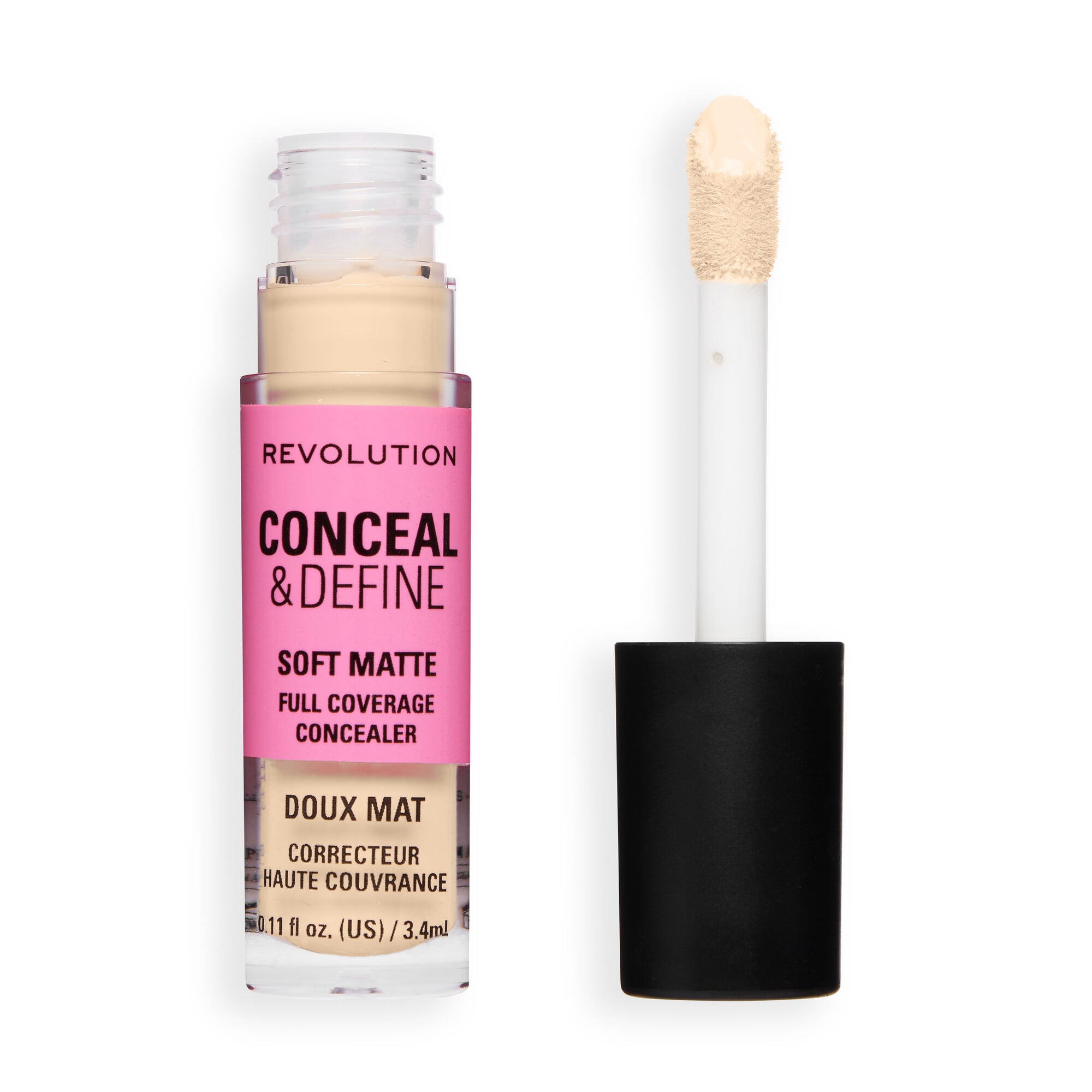 Revolution Conceal and Define Full Coverage Concealer with applicator showcasing soft matte finish and multi-tasking formula.
