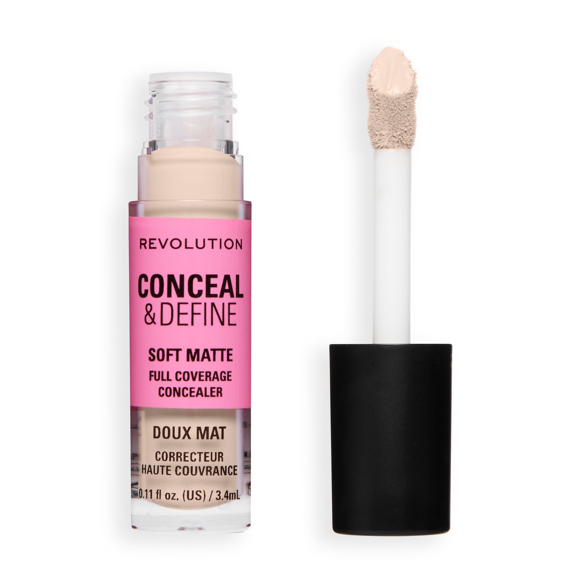 Revolution Conceal and Define Full Coverage Concealer in soft matte finish with applicator.