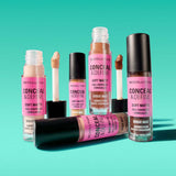 Revolution Conceal and Define Full Coverage Concealer bottles with applicators on a vibrant background.