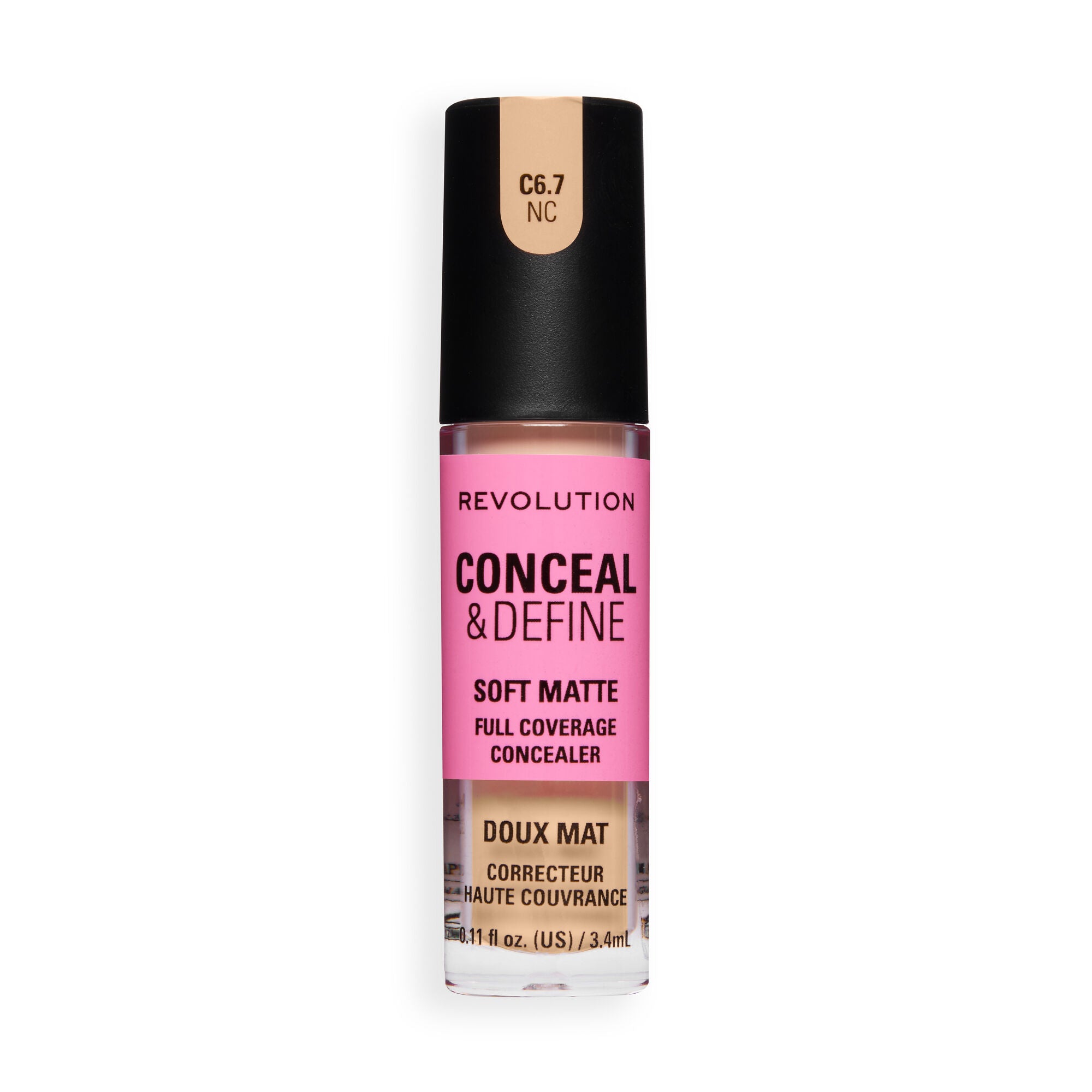 Revolution Conceal and Define Full Coverage Concealer in shade C6.7NC, featuring a soft matte finish.