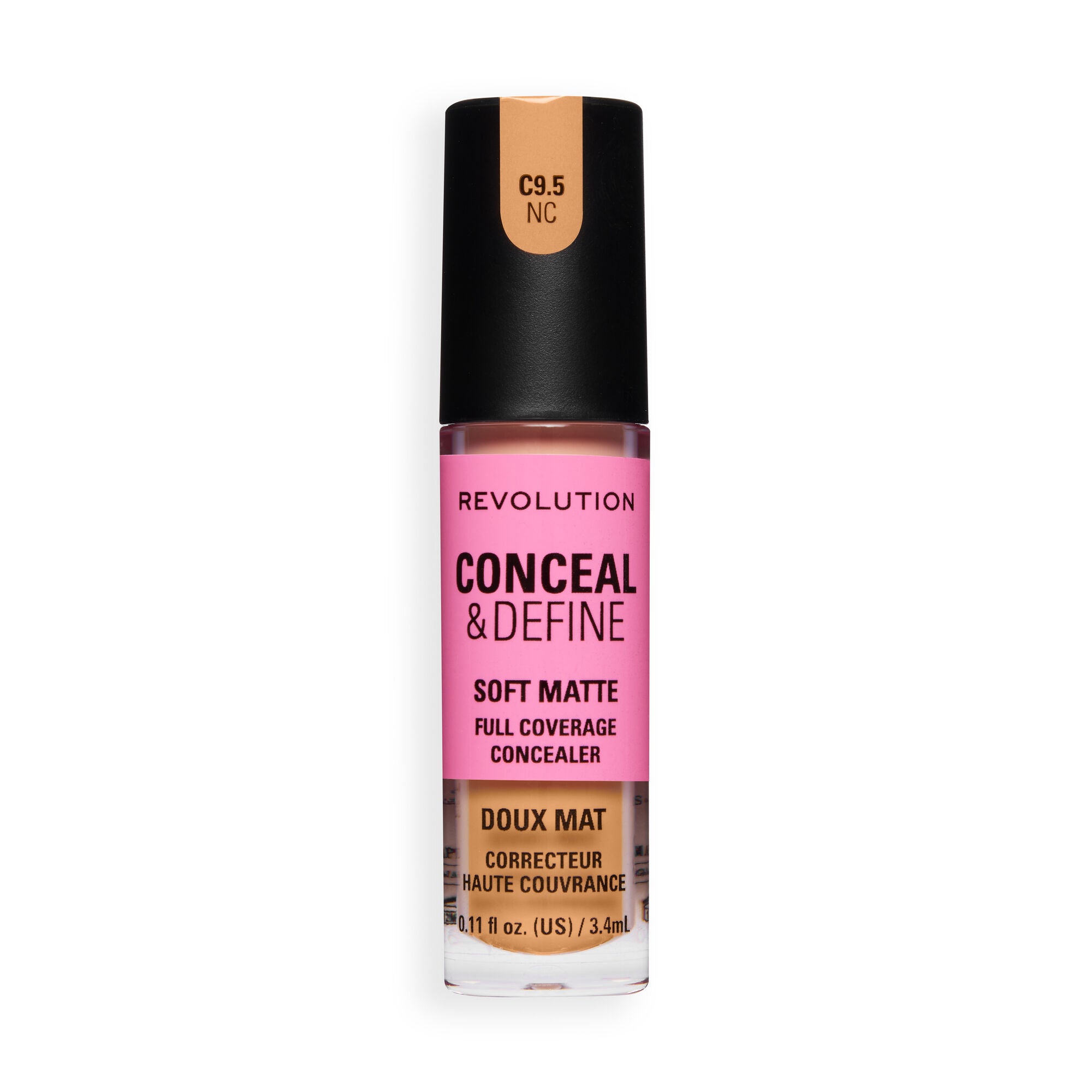 Revolution Conceal and Define Full Coverage Concealer in C9.5NC, soft matte finish with full coverage for perfect skin.