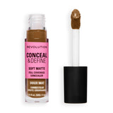 Revolution Conceal and Define Full Coverage Concealer in a bottle with applicator, showcasing soft matte finish.