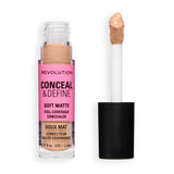 Revolution Conceal and Define Full Coverage Concealer in soft matte finish with applicator wand.