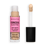 Revolution Conceal and Define Full Coverage Concealer in a tube with applicator, showcasing soft matte formula.