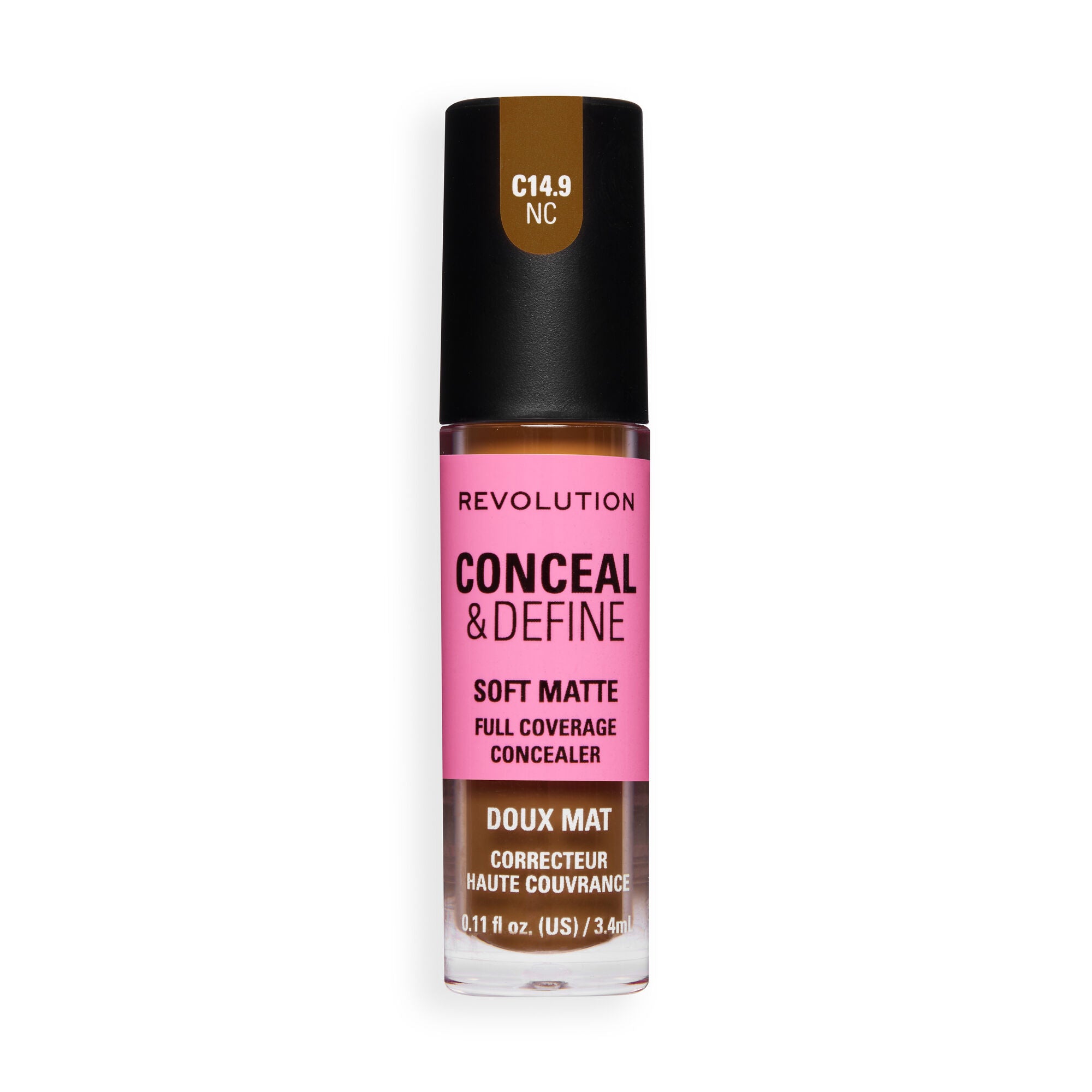 Revolution Conceal and Define Full Coverage Concealer in shade C14.9NC with soft matte finish.