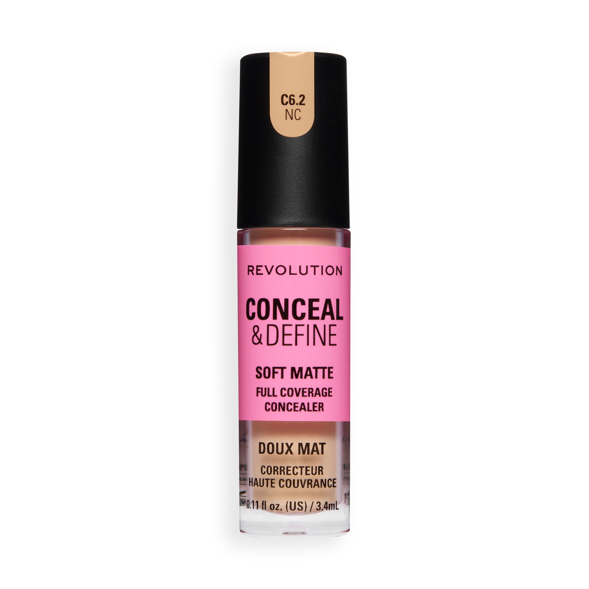 Revolution Conceal and Define Full Coverage Concealer in C6.2NC with soft matte finish for perfecting skin.