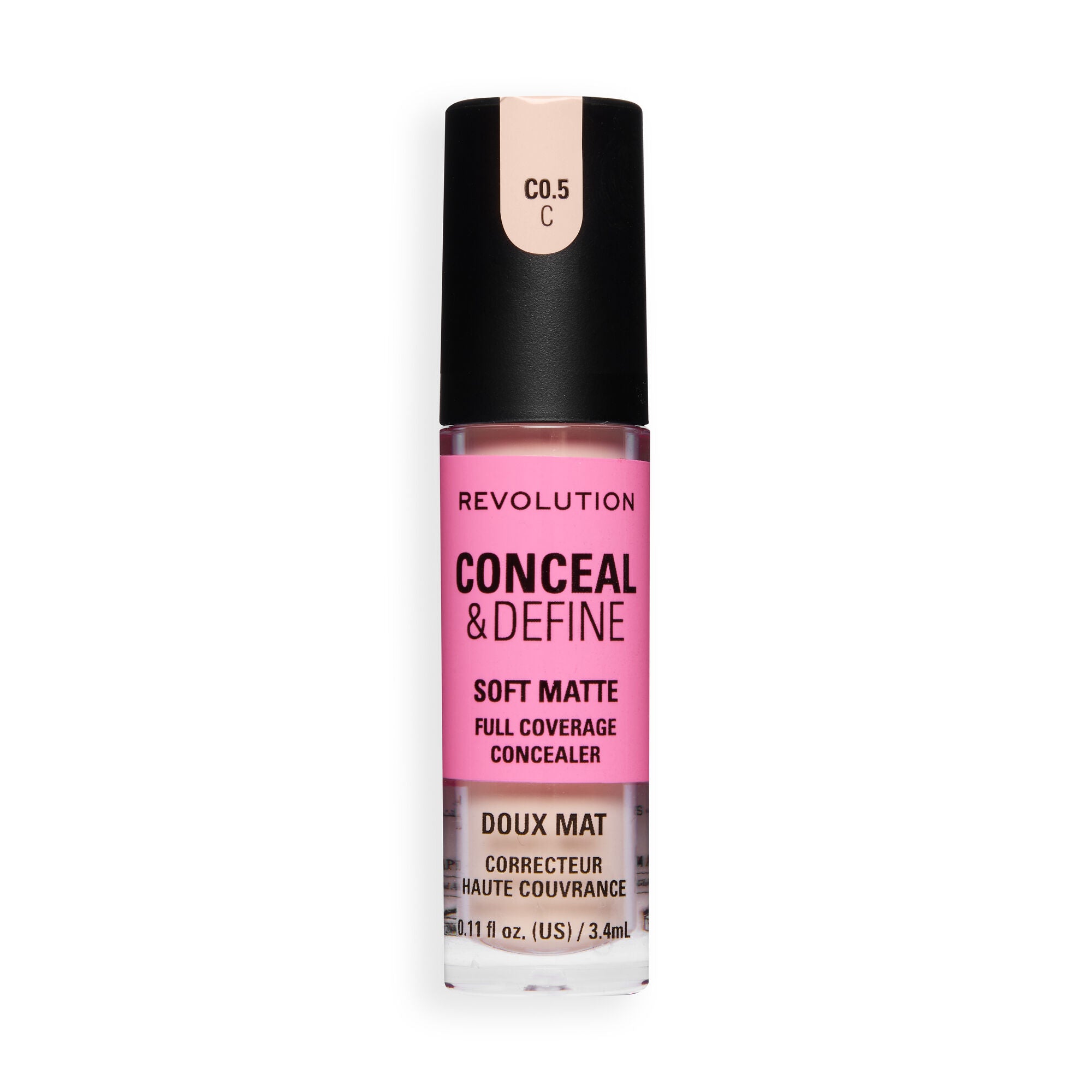 Revolution Conceal and Define Full Coverage Concealer in shade C0.5C, featuring soft matte finish and full coverage formula.