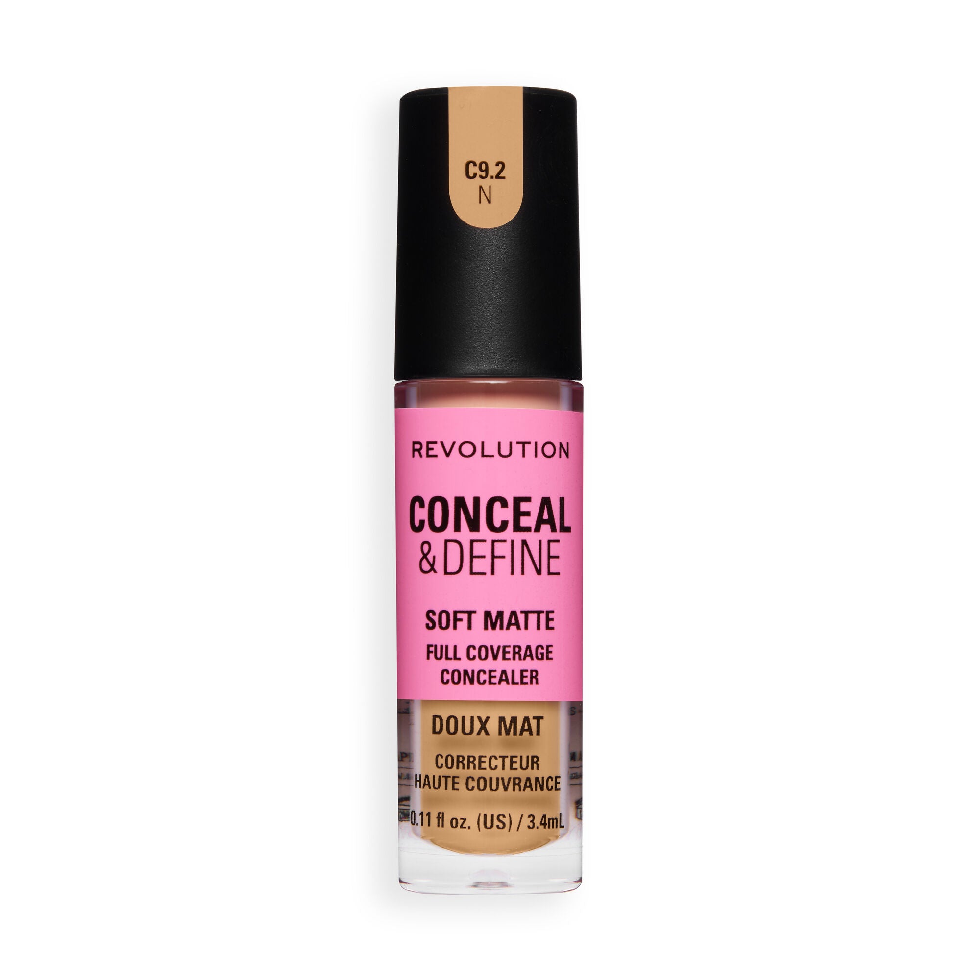 Revolution Conceal and Define Full Coverage Concealer in shade C9.2N, offering soft matte finish and full coverage.