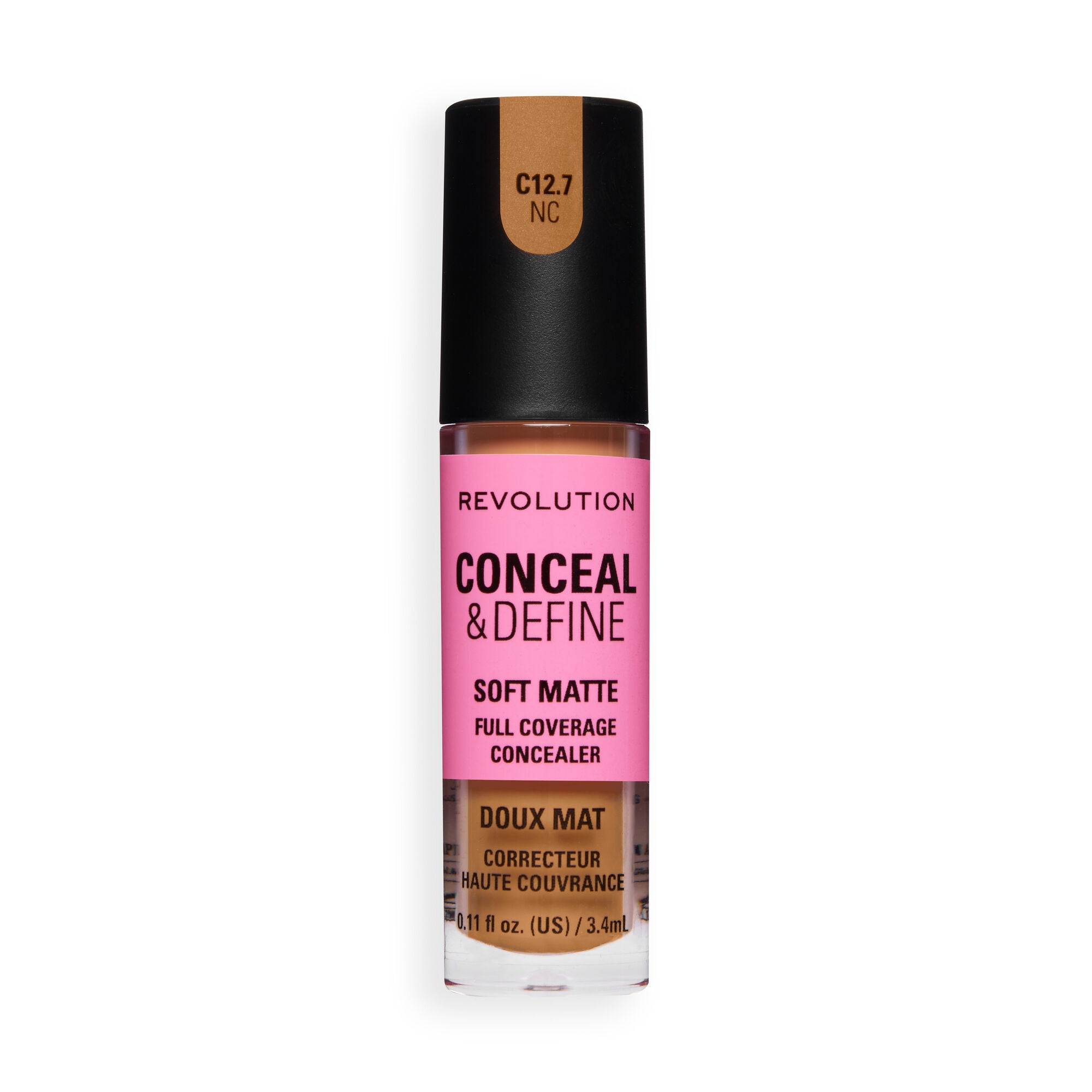 Revolution Conceal and Define Full Coverage Concealer in C12.7NC, soft matte finish perfecting skin imperfections.