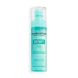 Revolution Dewy Fix PDRN + HA Hydrating Capsule Setting Spray in a clear bottle with turquoise cap.