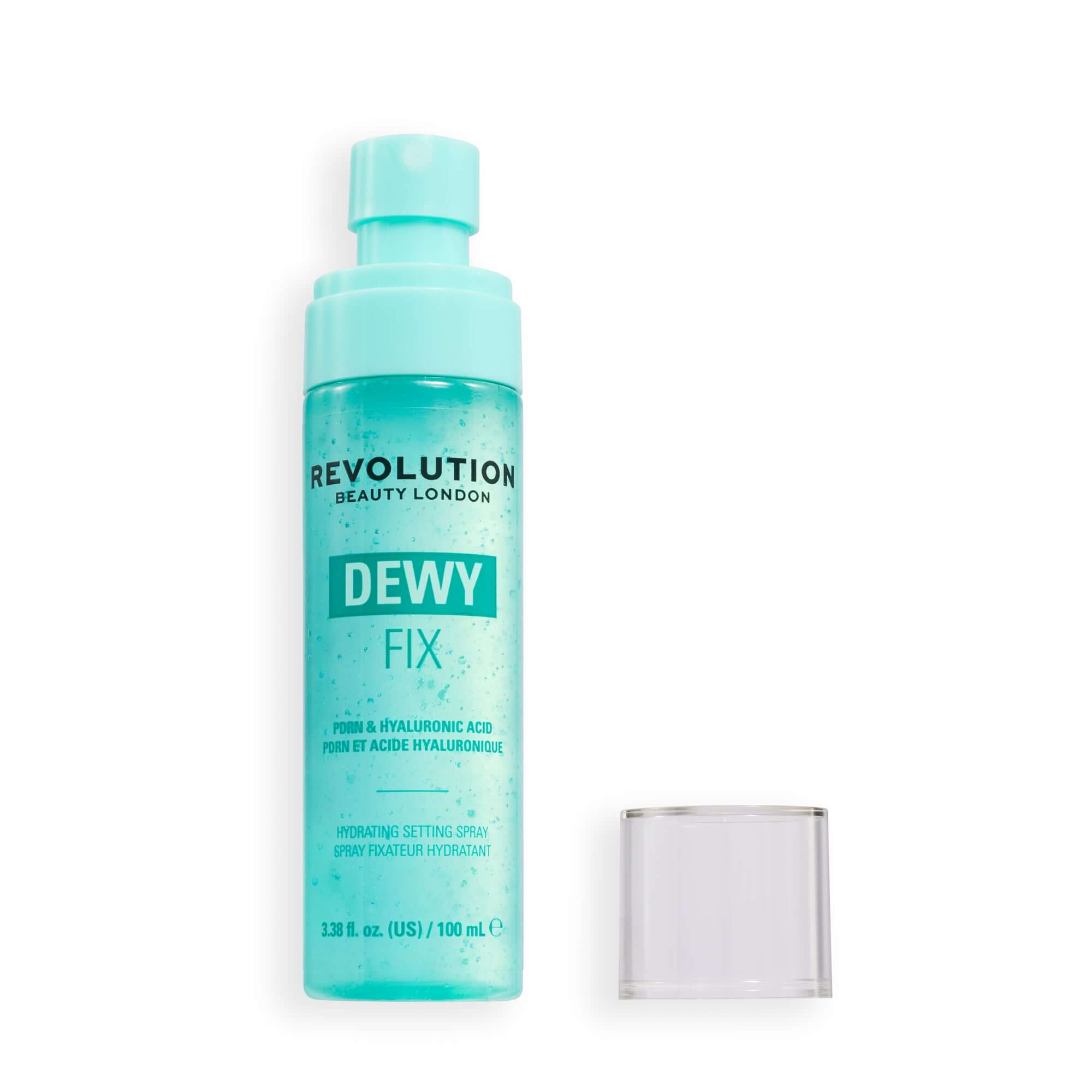 Revolution Dewy Fix PDRN + HA Hydrating Capsule Setting Spray with sprayer cap, hydrating setting spray for skin moisture.