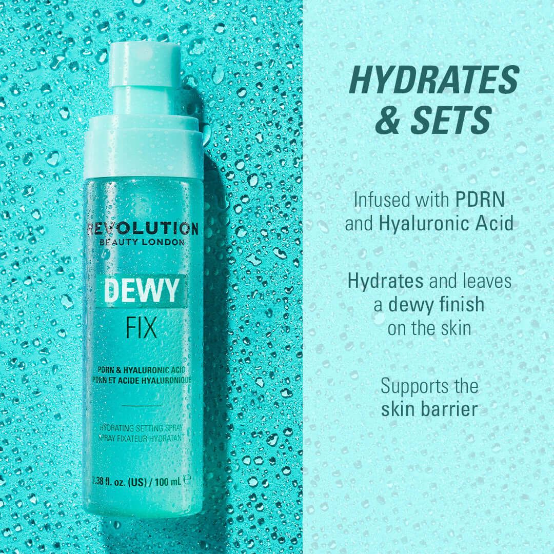Revolution Dewy Fix PDRN + HA Hydrating Capsule Setting Spray with hydrating benefits and dewy finish on aqua background.