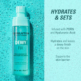 Revolution Dewy Fix PDRN + HA Hydrating Capsule Setting Spray with hydrating benefits and dewy finish on aqua background.