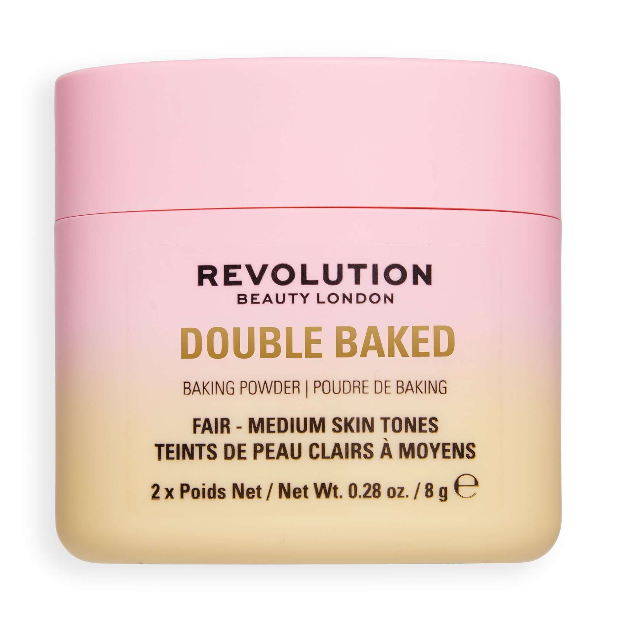 Revolution Double Baked Loose Baking Powder for fair to medium skin tones in a dual compartment pack.
