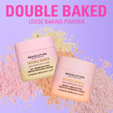 Revolution Double Baked Loose Baking Powder in pink containers, showcasing two shades for fair to medium skin tones.