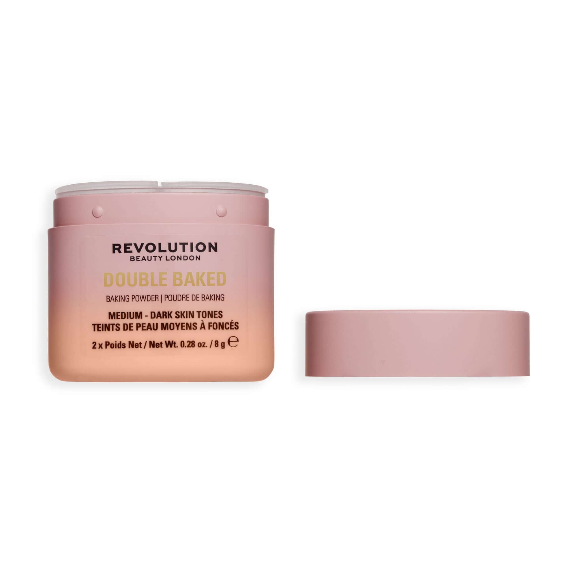 Revolution Double Baked Loose Baking Powder in pink packaging for medium-dark skin tones.