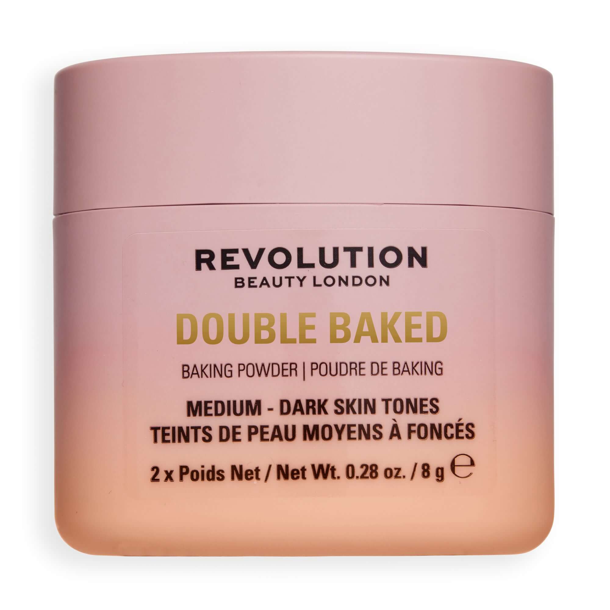 Revolution Double Baked Loose Baking Powder jar for medium to dark skin tones with a seamless, filtered finish.