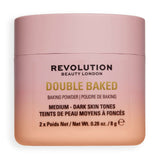 Revolution Double Baked Loose Baking Powder jar for medium to dark skin tones with a seamless, filtered finish.